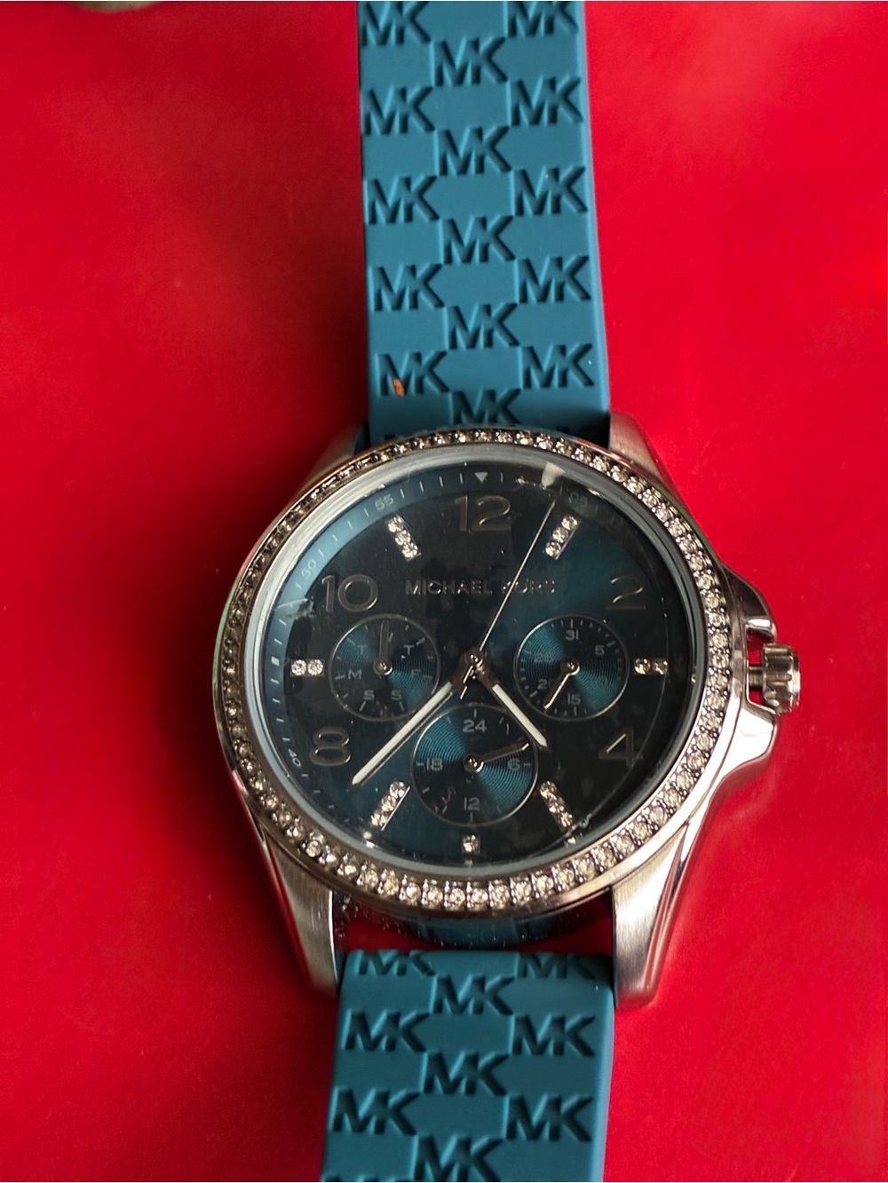 Michael Kors Teal Blue Silicone Strap Crystal Bezel Chronograph Watch